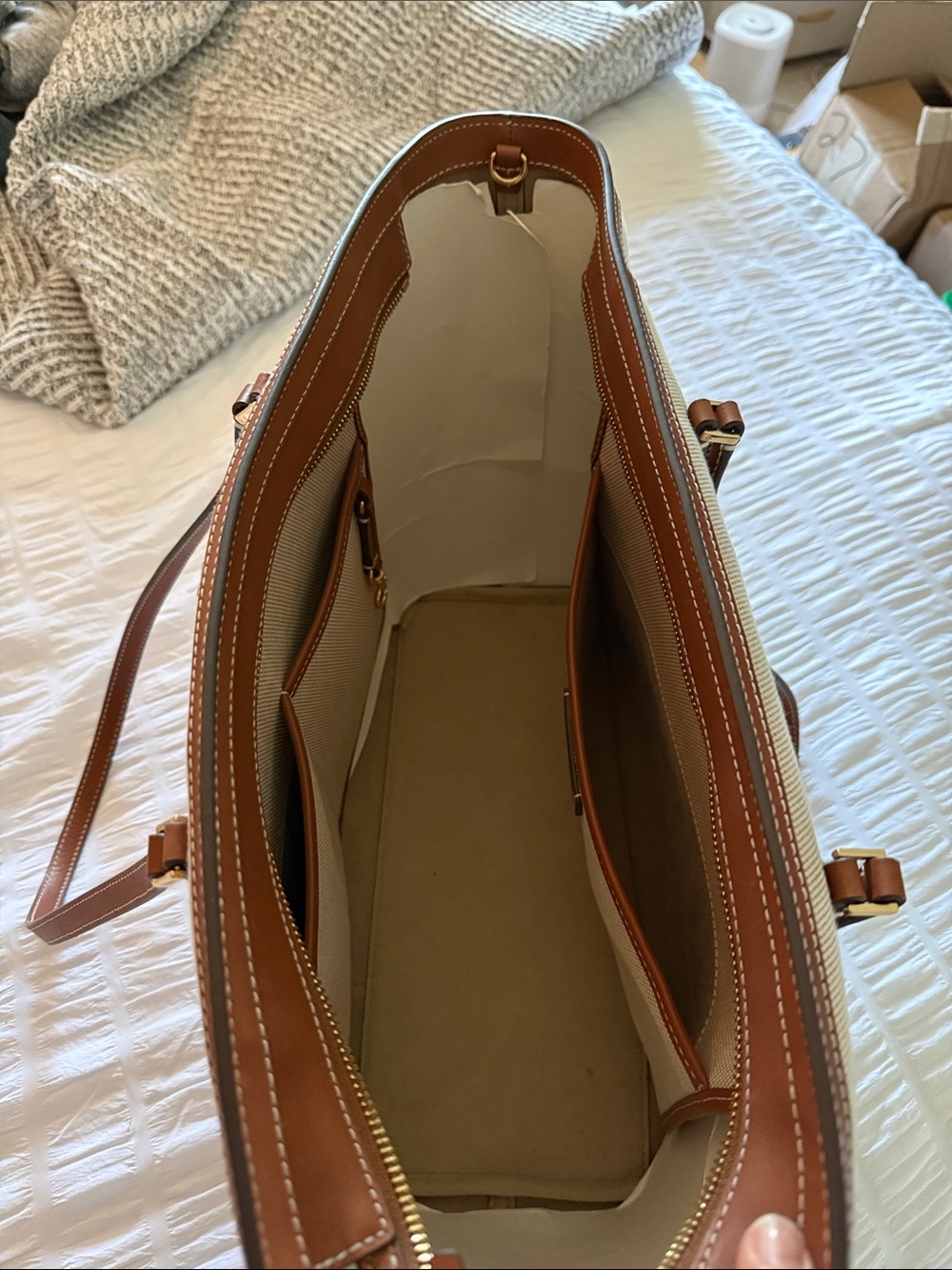 Tory Burch Cream Canvas Tote with Brown Leather Trim and Gold Logo - Picture 3 of 4